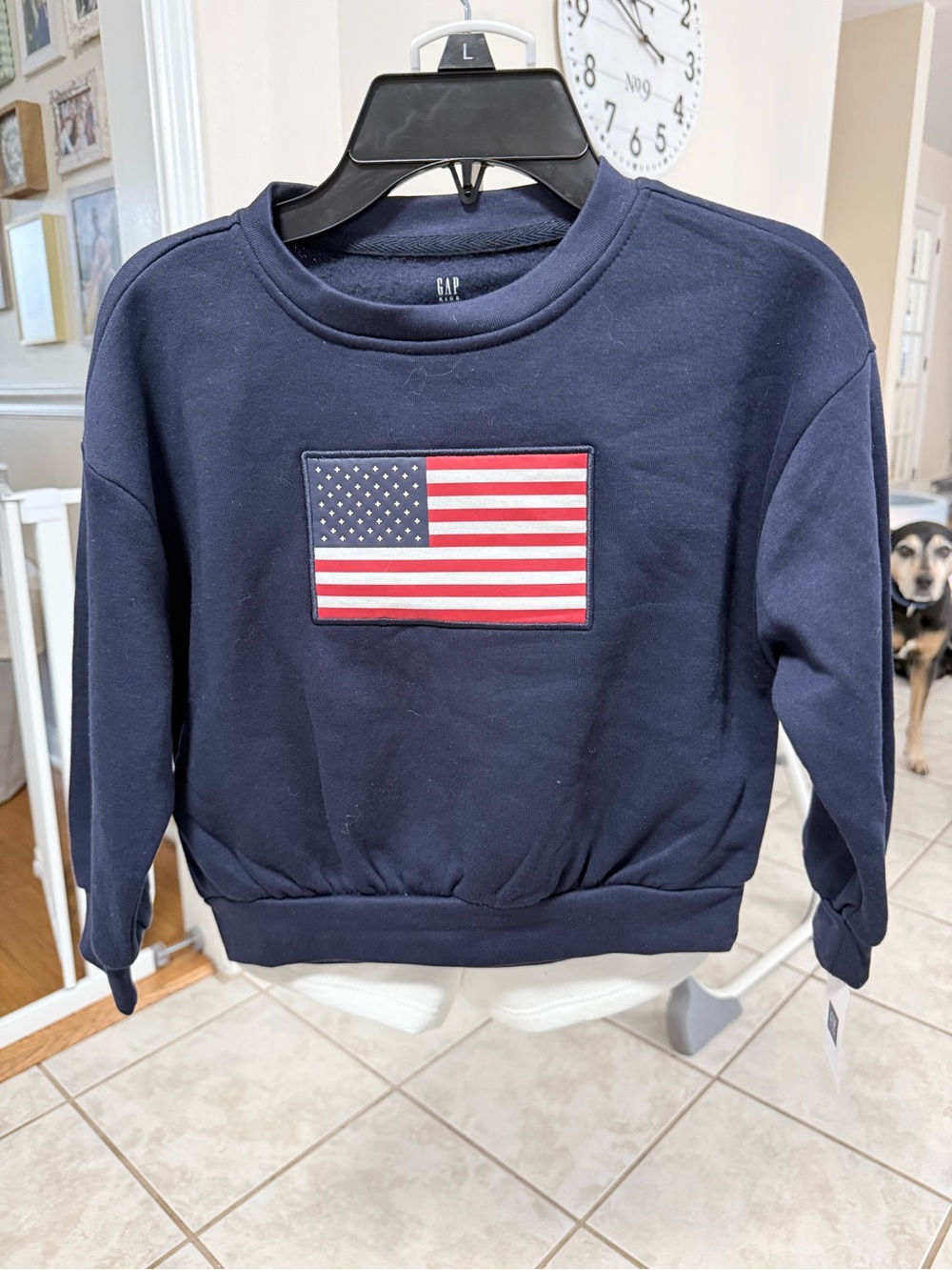 GAP Kids Navy Crewneck Sweatshirt with USA Flag Patch and white shorts.